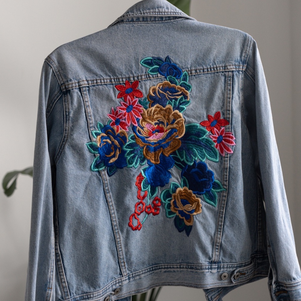 Sunset + Spring Womens Blue Embroidered Denim Jacket Size S Small